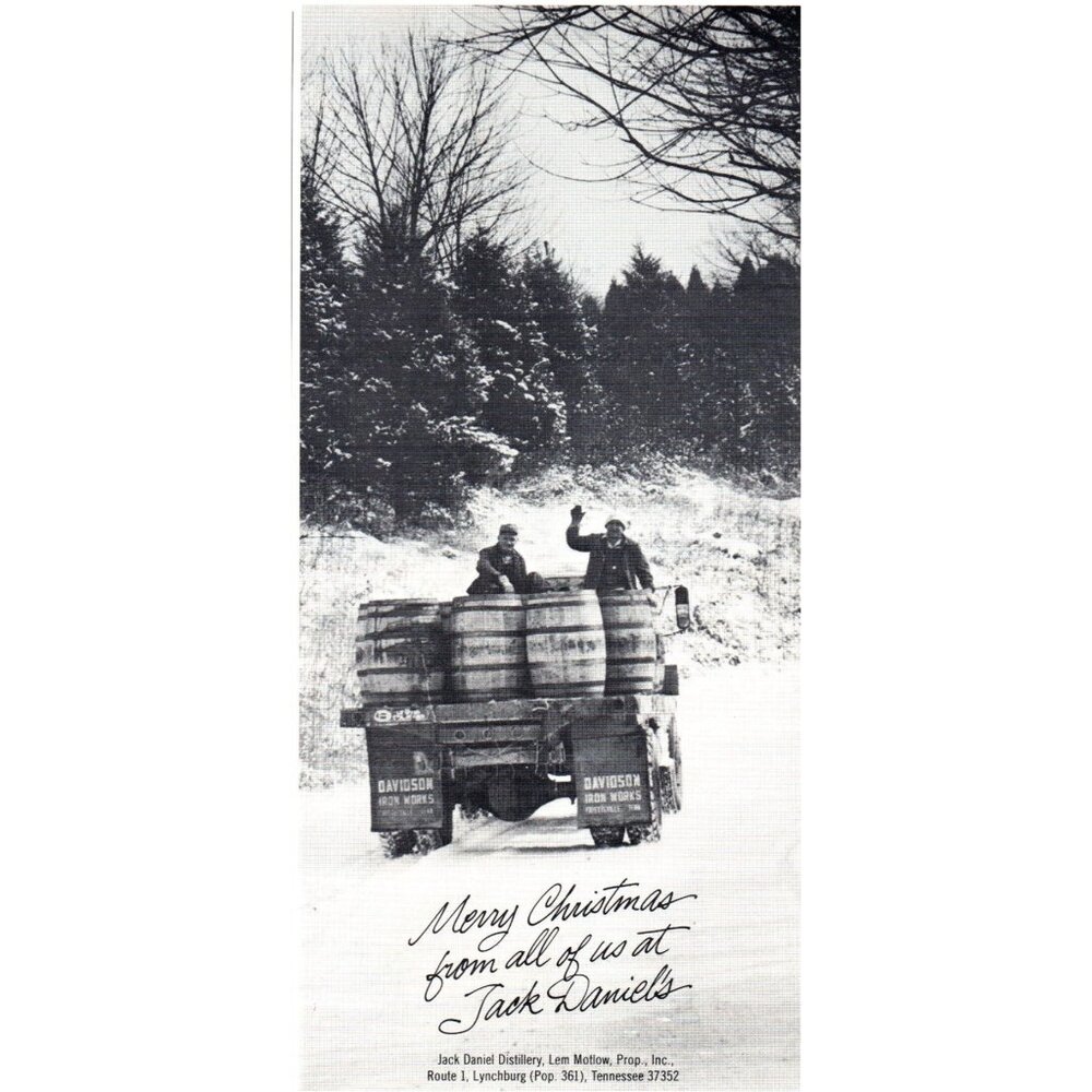 1980 Jack Daniels Whiskey Merry Christmas Barrel Truck Vintage Print Ad Wall Art